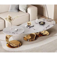 Coffee Table Set Built for Modern Luxury, Brushed Gold Base, High-Gloss Stone Top, Dual Table Design