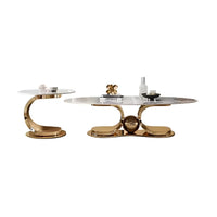 Coffee Table Set Built for Modern Luxury, Brushed Gold Base, High-Gloss Stone Top, Dual Table Design