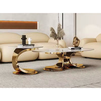 Coffee Table Set Built for Modern Luxury, Brushed Gold Base, High-Gloss Stone Top, Dual Table Design