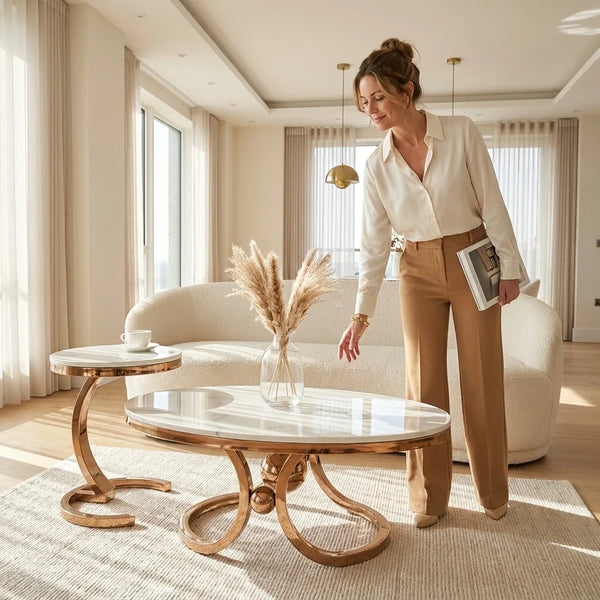 Coffee Table Set Built for Modern Luxury, Brushed Gold Base, High-Gloss Stone Top, Dual Table Design